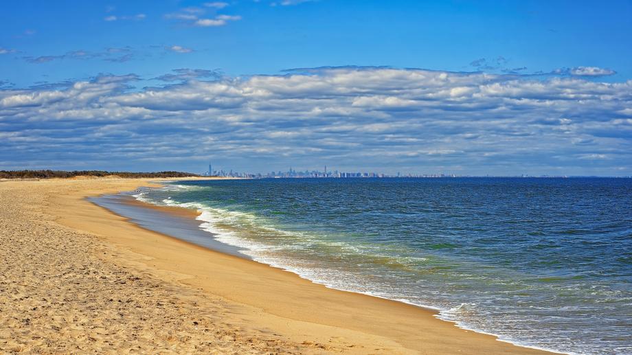 image of shoreline with city on the horizon and partly cloudy, blue skies