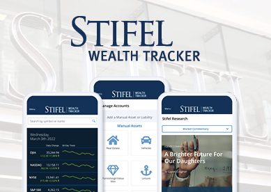 Stifel Wealth Tracker; Image of 3 cell phones with the wealth tracker features on them.